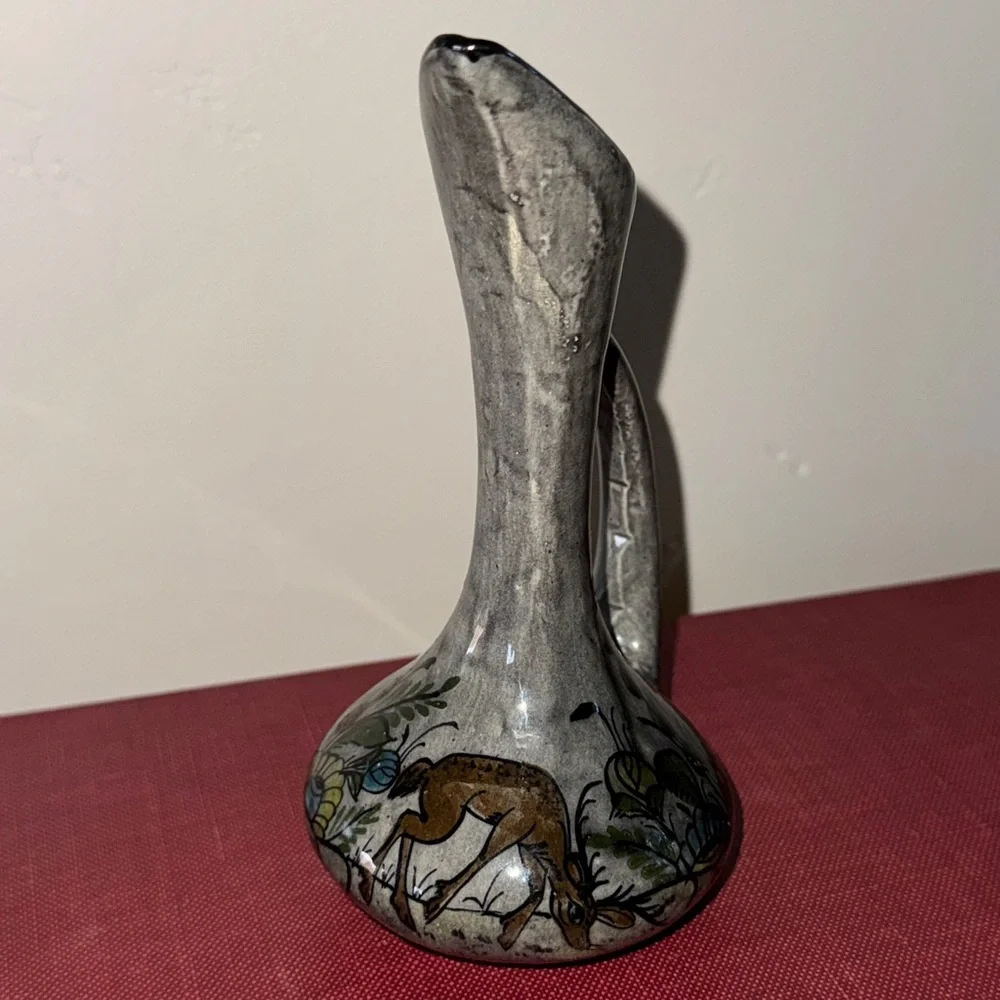 Vintage Handcrafted Mexican Floral Animal Folk Art Pottery Vase Glazed Marked